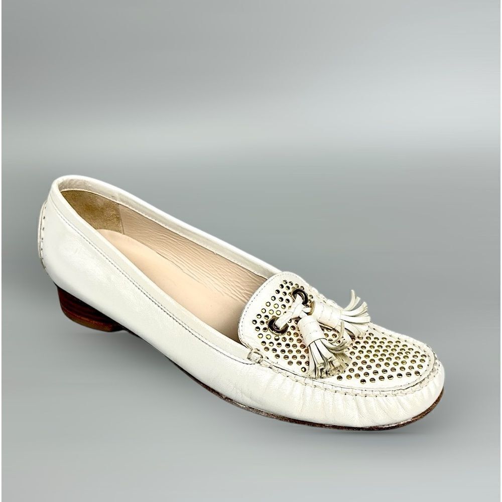 Stuart Weitzman Tassel Loafers White Leather Gold Studded US 10